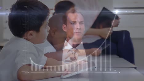 Animation-of-graphs-over-caucasisn-businessman-and-asian-boy-learning-with-tablet-at-school