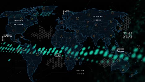Animation-of-graphs,-data-and-world-map-on-black-background