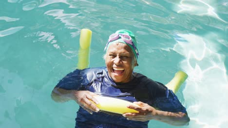 Video-of-happy-senior-african-american-women-swimming-in-pool