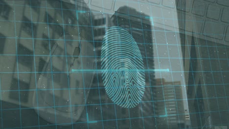 Animation-of-fingerprint-scanning-and-digital-padlocks-over-cityscape