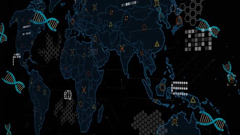 Animación-De-ADN,-Datos-Y-Mapa-Mundial-Sobre-Fondo-Negro