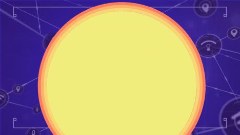 Animation-Eines-Gelben-Kreises-Mit-Kopierraum-über-Einem-Netzwerk-Von-Verbindungen-Auf-Blauem-Hintergrund