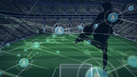 Animation-of-connections-over-male-soccer-player-silhouette-at-stadium
