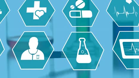 Animation-of-scientific-icons-in-hexagons-over-syringe-falling-on-blue-background