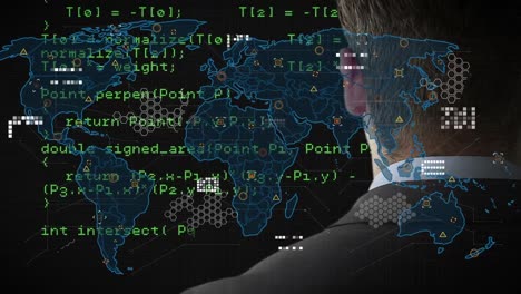 Animation-of-data-processing,-world-map-and-back-view-of-caucasian-businessman-on-black-screen