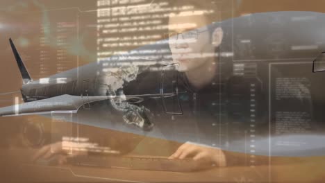 Animation-of-data-processing-and-caucasian-man-using-computer-over-plane