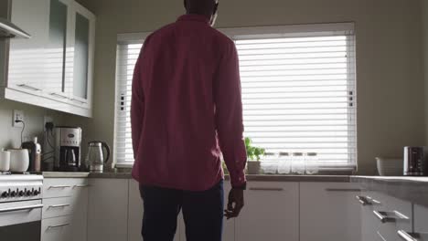 Video-of-back-view-of-african-american-man-walking-in-kitchen