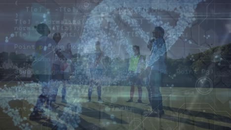 Animation-of-connections-over-diverse-female-soccer-players-training
