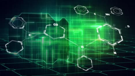 Animation-of-chemical-formulas,-technology-and-lines-in-green-digital-space
