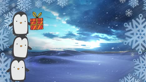 Animation-of-tower-of-three-penguins-holding-christmas-gift-over-snowflakes-and-winter-landscape