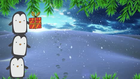 Animation-of-christmas-greetings-on-tag-over-winter-landscape