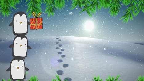 Animation-of-tower-of-three-penguins-with-christmas-gift-over-snow-and-footprints-in-snow-landscape