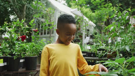 Porträt-Eines-Glücklichen-Afroamerikanischen-Jungen,-Der-Pflanzen-Betrachtet-Und-Im-Garten-Lächelt