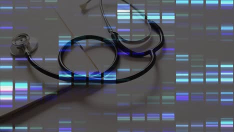 Animation-of-data-processing-on-digital-screen-over-stethoscope