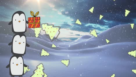 Animation-Von-Pinguinen-Mit-Geschenken-Und-Weihnachtsbäumen,-Die-über-Die-Winterlandschaft-Fallen
