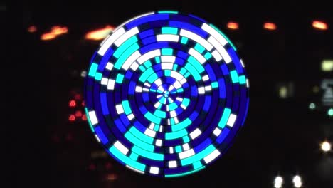 Animation-of-circle-moving-with-blue-shapes-over-city-at-night