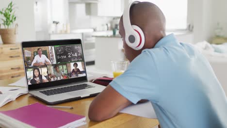 Video-Eines-Afroamerikanischen-Jungen-Mit-Kopfhörern,-Der-Online-Unterricht-Auf-Dem-Laptop-Hat