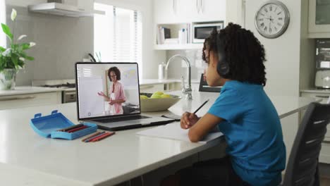 Animation-of-african-american-boy-having-online-lessons-on-laptop-at-home