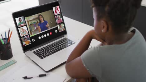 African-american-girl-using-laptop-for-video-call-with-female-teacher-and-class-on-screen