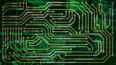 Animation-of-computer-circuit-board-over-data-processing-on-black-background