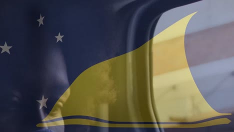 Animation-of-flag-of-bosnia-and-hertzegovina-over-face-of-african-american-man-in-train