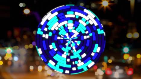 Animation-of-globe-made-of-blue-lights-rotating-over-blurred-night-cityscape