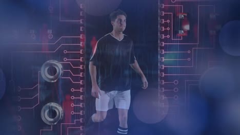Animation-Der-Datenverarbeitung-über-Einen-Kaukasischen-Männlichen-Fußballspieler,-Der-Den-Ball-Kickt