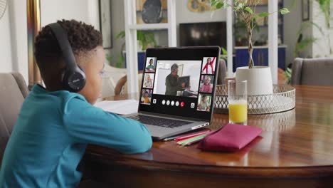 African-american-boy-using-laptop-for-video-call,-with-male-teacher-and-class-on-screen