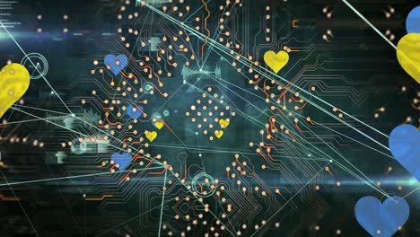 Animation-of-connections,-integrated-circuit-and-blue-and-yellow-hearts-on-black-background