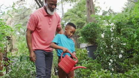 Glücklicher-älterer-Afroamerikanischer-Mann-Mit-Seinem-Enkel,-Der-Pflanzen-Im-Garten-Gießt