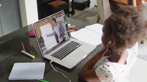 Animation-Eines-Afroamerikanischen-Mädchens-Mit-Kopfhörern,-Das-Zu-Hause-Online-Unterricht-Auf-Dem-Laptop-Hat