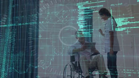 Animation-of-data-processing-over-caucasian-female-doctor-and-senior-patient-on-wheelchair