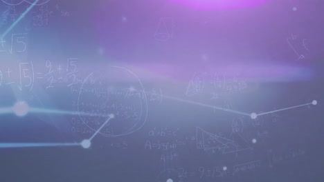 Animation-of-network-of-connections-and-mathematical-equations-over-purple-background