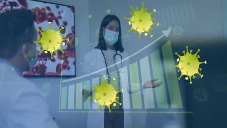 Animation-of-yellow-virus-cell-over-graphs-and-biracial-female-doctor-in-face-mask