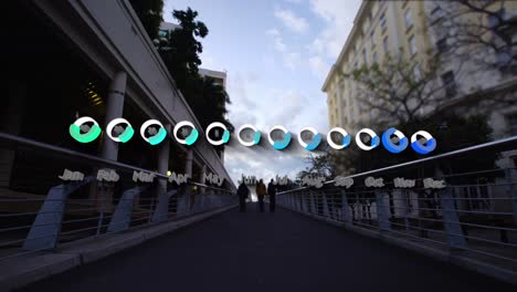 Animation-of-calendar-graph-processing-data-over-fast-speed-pedestrians-on-city-bridge