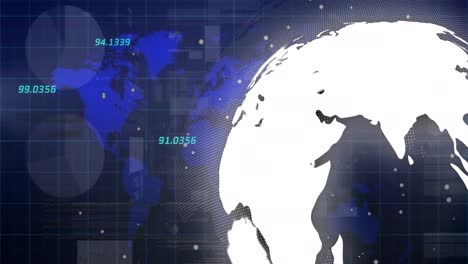 Animación-Del-Globo,-Mapa-Mundial-Y-Datos-Financieros-Sobre-El-Espacio-Digital-De-La-Marina
