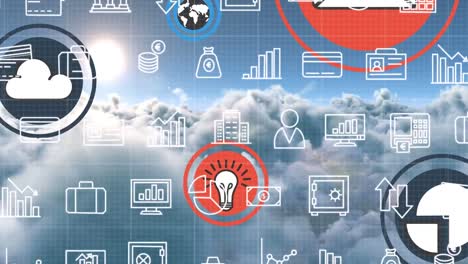 Animation-Von-Finanzsymbolen-Und-Technologiesymbolen-über-Wolken