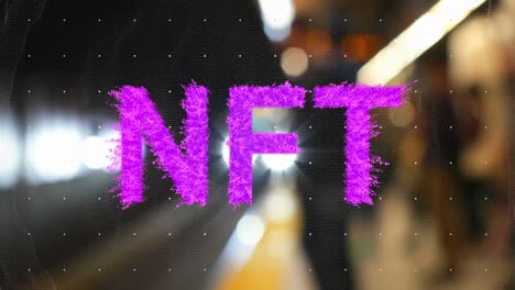 Animation-of-pink-nft-text-over-underground-train-arriving-at-metro-station