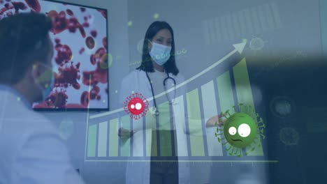 Animation-of-red-and-green-virus-cells-over-biracial-female-doctor-in-face-mask-and-graphs