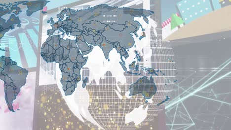 Animation-Der-Datenverarbeitung-über-Globus-Und-Weltkarte