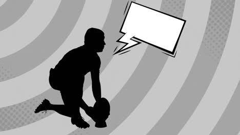 Animation-of-rugby-player-silhouette-with-speech-bubble-over-stripes-on-grey-background