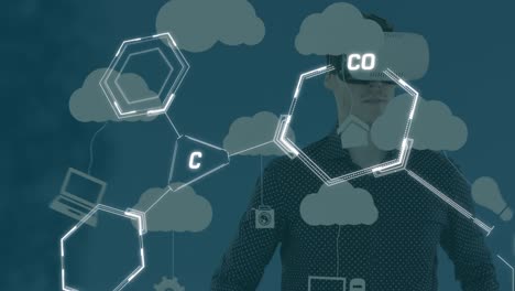 Animation-of-chemical-formulas-and-clouds-over-caucasian-man-in-vr-headset
