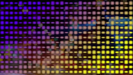 Animation-of-violet-and-yellow-square-lights-moving-over-night-cityscape