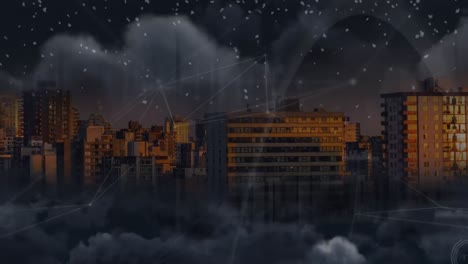 Animation-Eines-Netzwerks-Von-Verbindungen-Mit-Wolken-über-Dem-Stadtbild