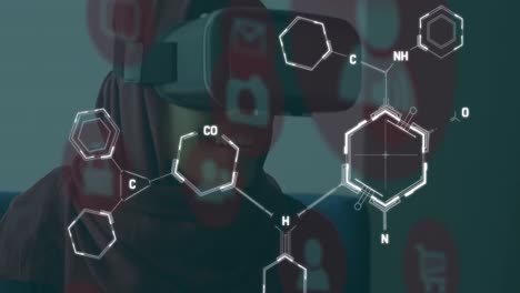 Animation-of-chemical-formulas-over-middle-eastern-woman-in-vr-headset