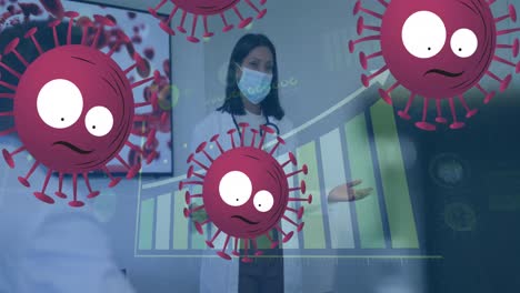 Animation-of-virus-cells-with-faces-over-graphs-and-biracial-female-lab-worker-in-face-mask