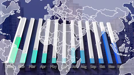 Animation-Von-Finanzdiagrammen-über-Weltkarte-Und-Gebäuden