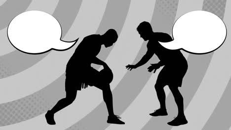 Animation-of-basketball-player-silhouettes-with-speech-bubbles-over-stripes-on-grey-background