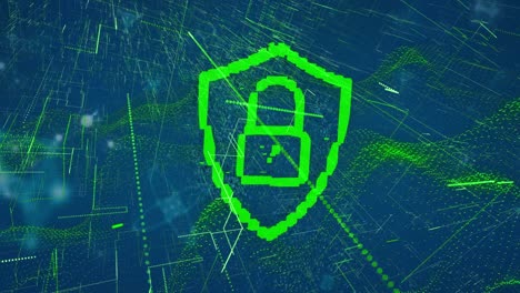 Animation-of-digital-padlock,-green-lines-and-waves-on-blue-background