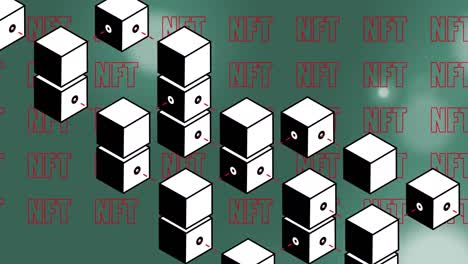 Animation-of-cubes-over-ntf-text-on-green-background